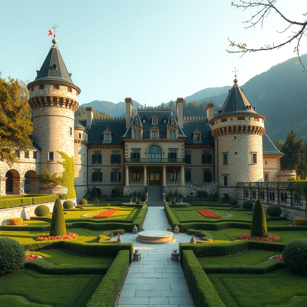 Historic European castle converted to luxury hotel with manicured gardens, stone architecture, and mountain backdrop
