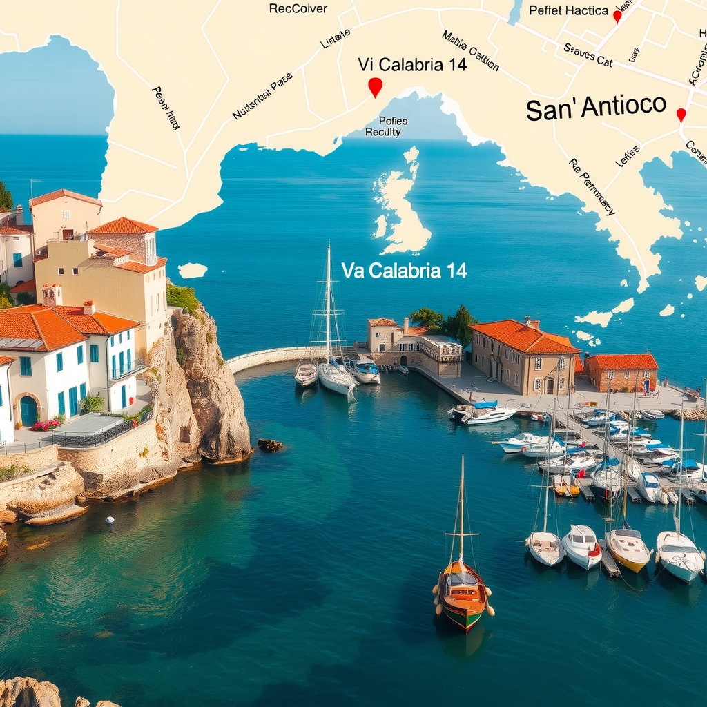 Map showing Ozak Travel Agency location at Via Calabria 14, Sant'Antioco, Italy - picturesque coastal setting with traditional Italian buildings and harbor views
