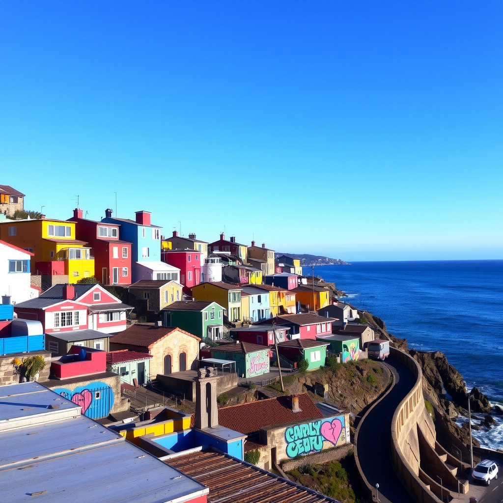 Colorful hillside houses of Valparaíso, Chile with vibrant street art murals overlooking the Pacific Ocean under clear blue winter sky