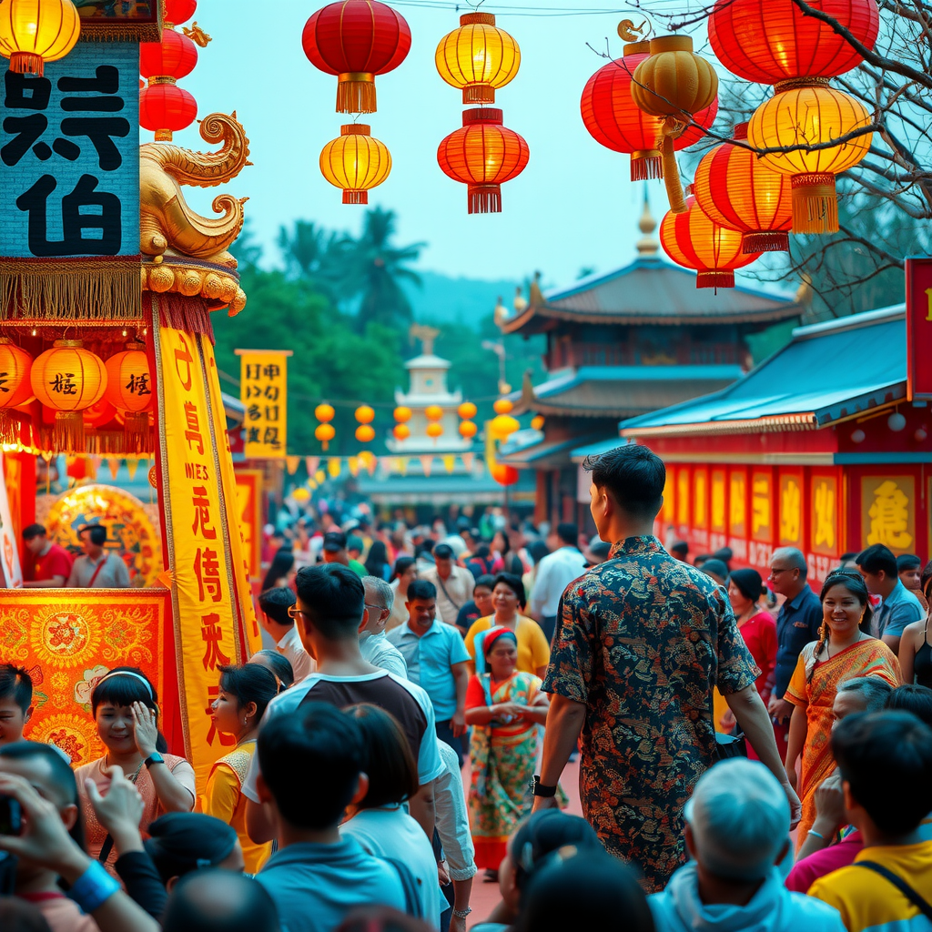 Vibrant cultural festival scene showing diverse traditional celebrations with colorful decorations, traditional costumes, dancing performers, and joyful crowds celebrating together in an outdoor setting with lanterns and festive atmosphere