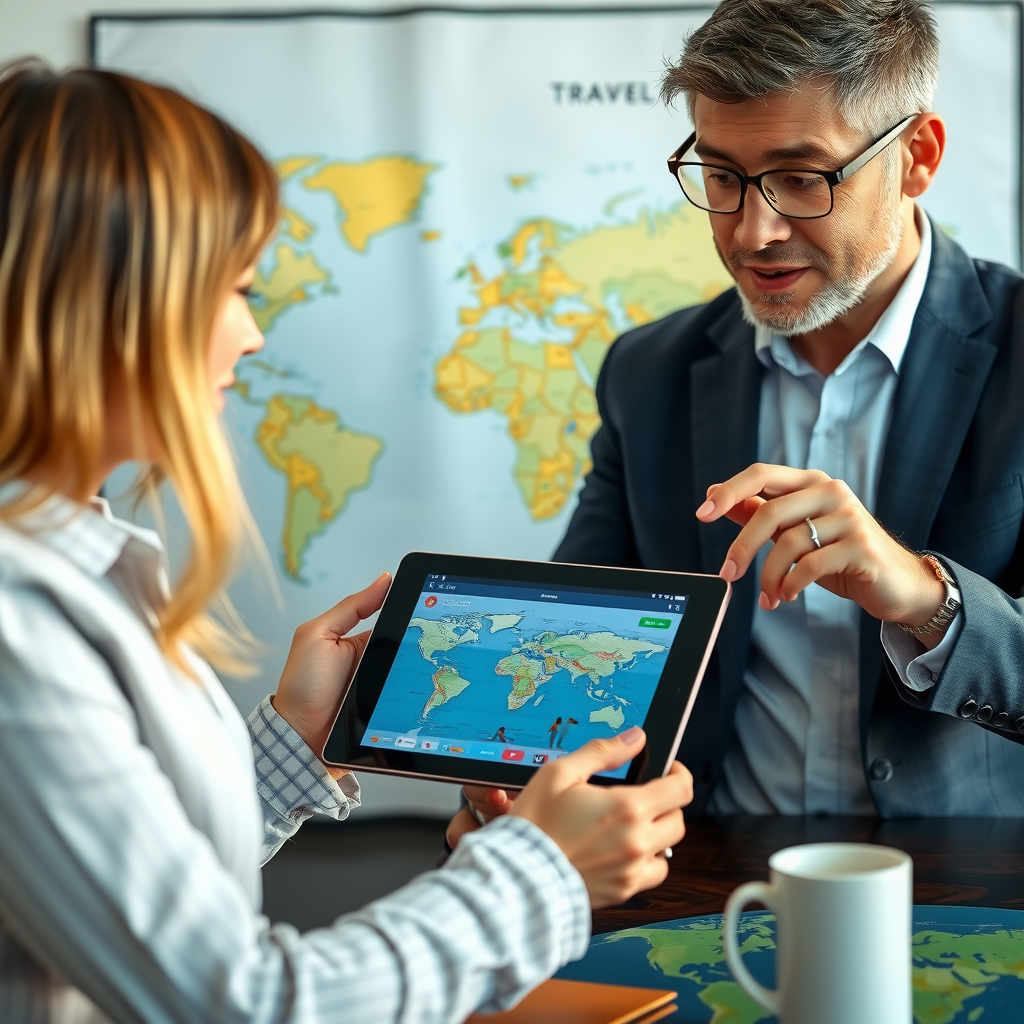 Professional travel consultant working with client to plan personalized vacation itinerary, showing destination options on tablet with world map in background