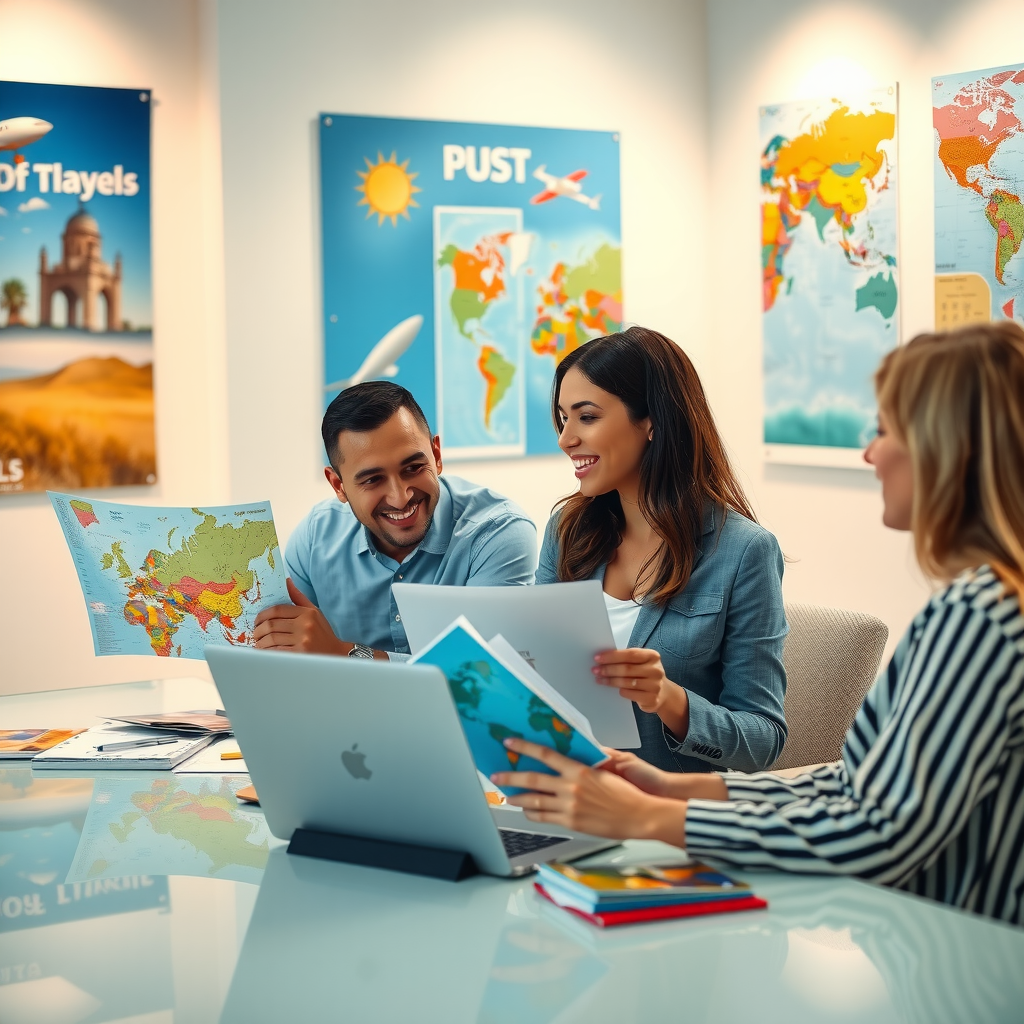 Professional travel consultant sitting at a modern desk with a laptop, reviewing colorful travel brochures and destination maps with a smiling client, bright office with travel posters on walls