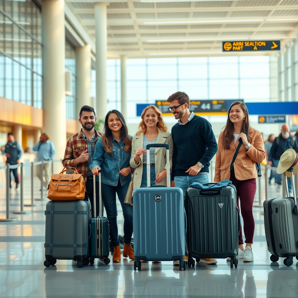 Group of diverse travelers standing together at an airport terminal with luggage, smiling and excited for their journey, bright natural lighting, modern airport setting