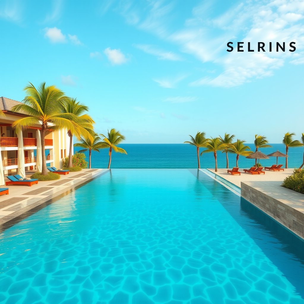 Stunning infinity pool at luxury resort overlooking turquoise ocean waters with palm trees and modern architecture