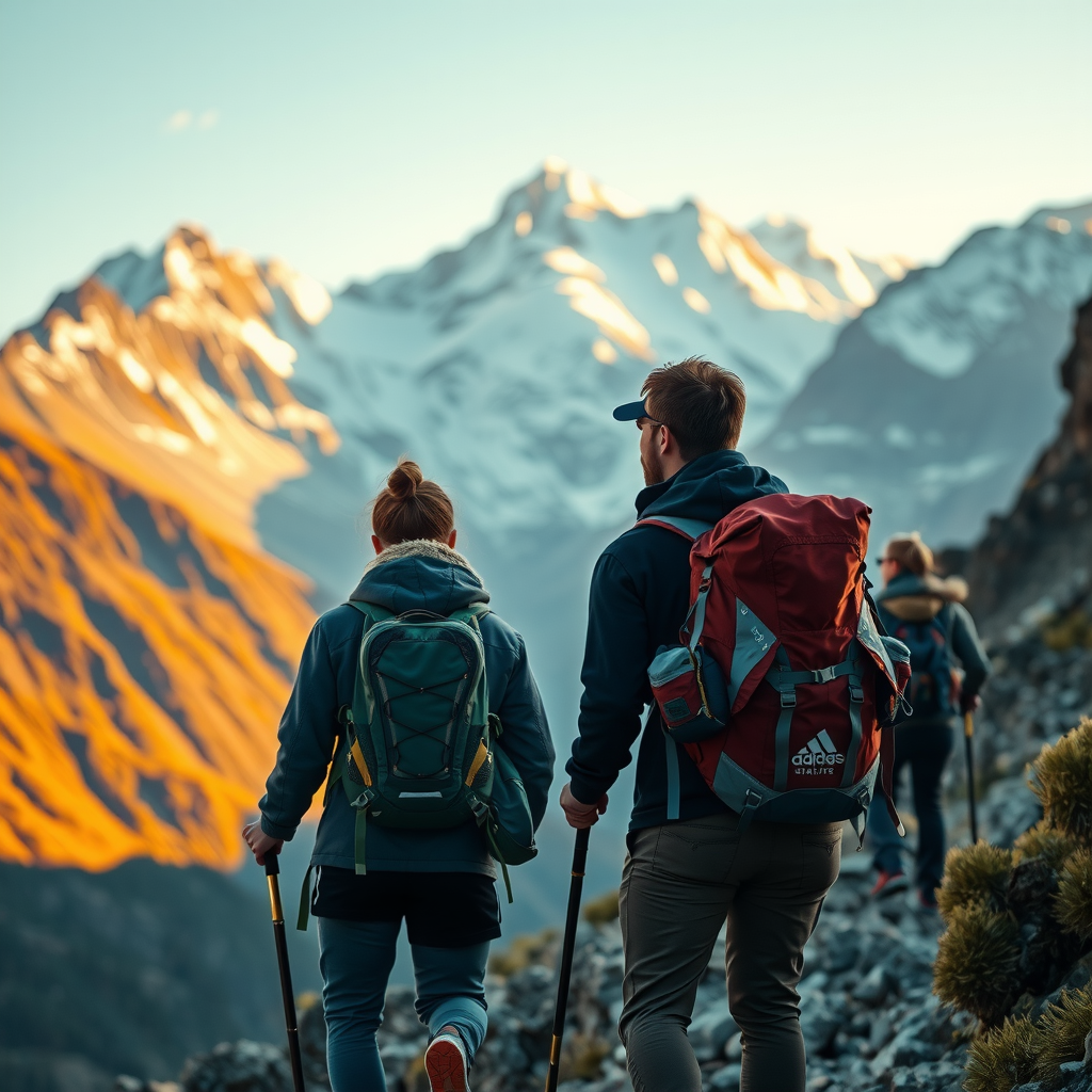 Adventurous travelers trekking through dramatic mountain landscape with snow-capped peaks, wearing professional hiking gear and backpacks, golden hour lighting creating inspiring atmosphere