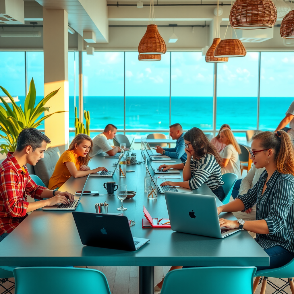 Digital nomads working on laptops at a vibrant coworking space with ocean views, modern interior design with turquoise accents, diverse group of remote workers collaborating
