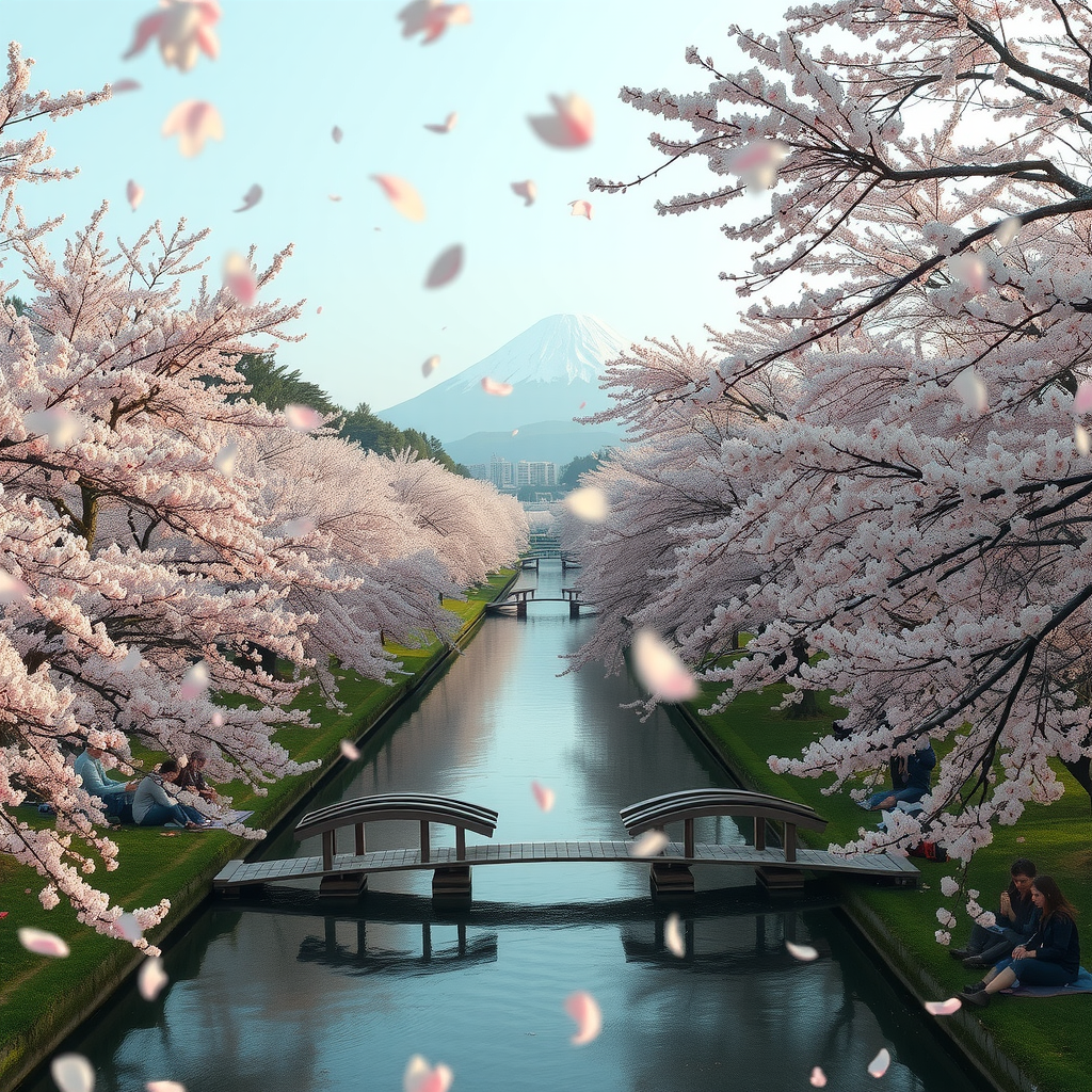 Stunning view of cherry blossom trees in full pink bloom lining a peaceful Japanese river with traditional wooden bridges, people having picnics under the trees, Mount Fuji visible in the distance, soft pink petals falling like snow