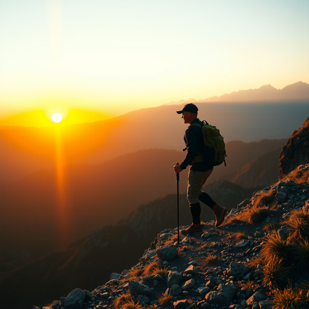 Solo adventurer hiking on scenic mountain trail during golden hour sunrise, wearing backpack and safety gear, with dramatic peaks and valleys in background