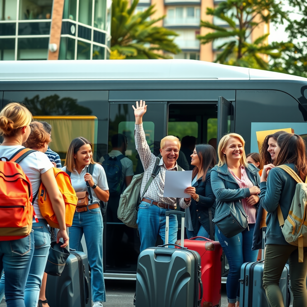 Diverse group of excited travelers with backpacks and suitcases boarding modern tour bus, professional tour guide welcoming them with clipboard