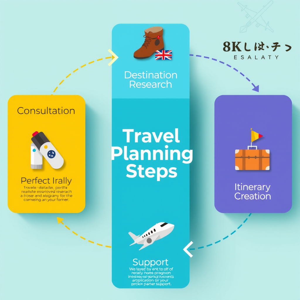 Infographic showing the step-by-step travel planning process with colorful icons representing consultation, destination research, itinerary creation, booking, and support phases
