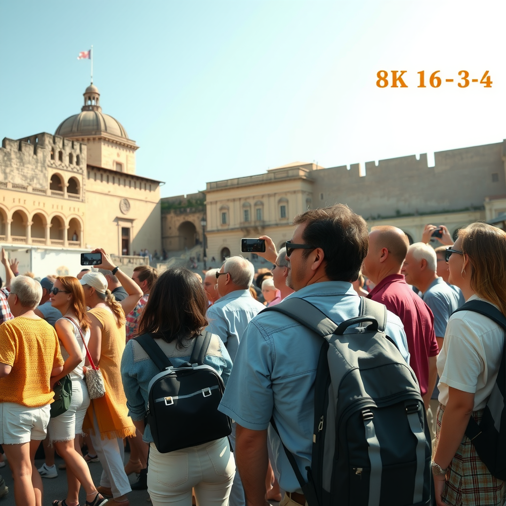 Large group of travelers enjoying a guided tour at a historic landmark, tour guide pointing at architecture, sunny day, people taking photos and smiling