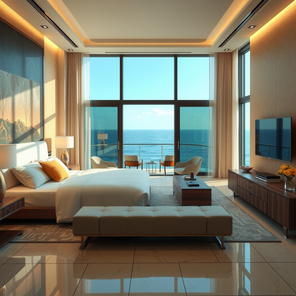 Elegant luxury hotel suite with king-size bed, modern furnishings, floor-to-ceiling windows with ocean view, and sophisticated decor