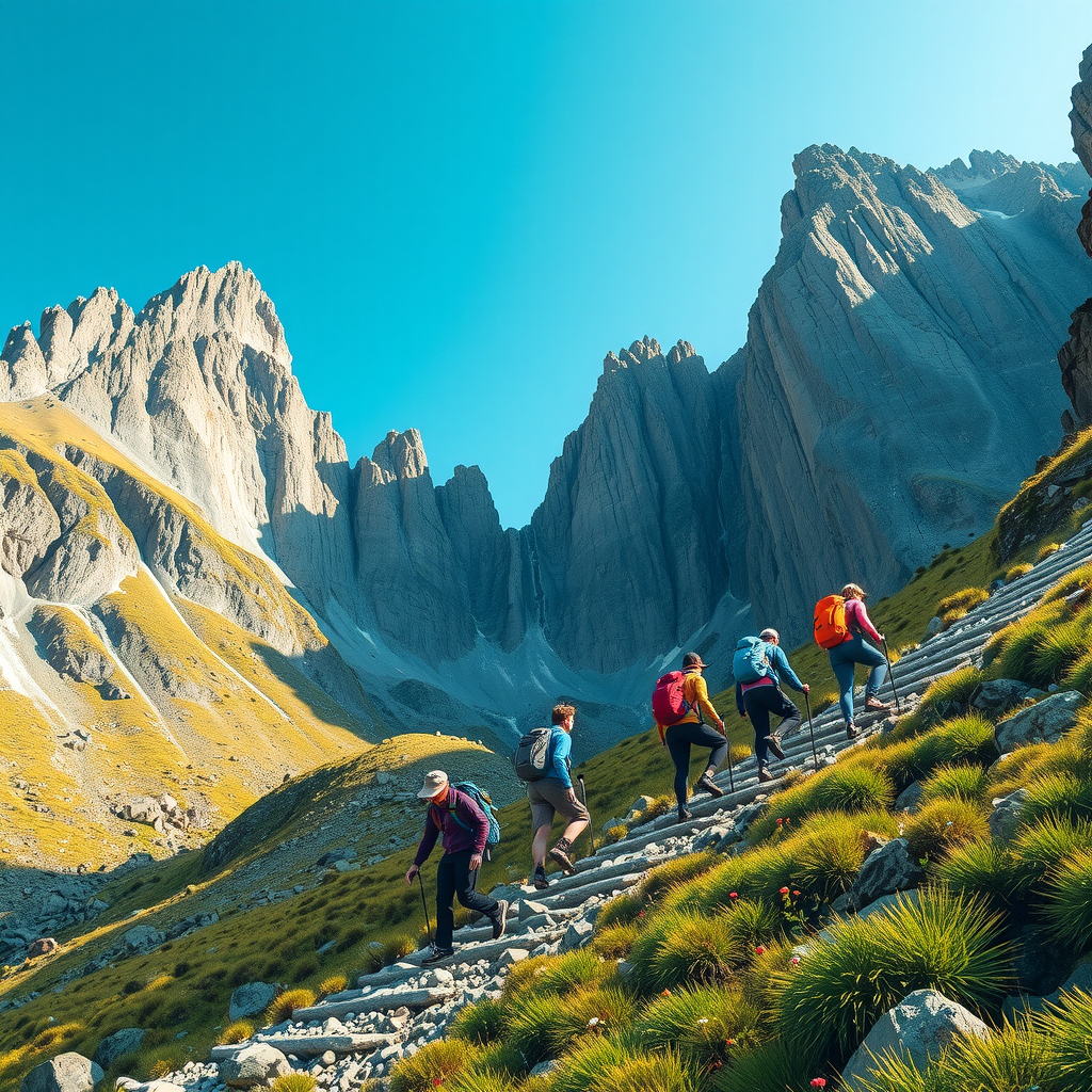 Group of adventurous hikers ascending steep mountain trail with dramatic cliff faces, wearing colorful outdoor gear, surrounded by alpine meadows and wildflowers, clear blue sky overhead