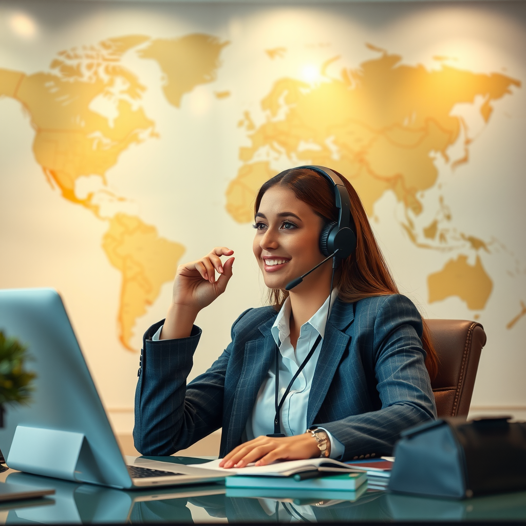 Travel concierge providing emergency assistance to traveler via phone call, professional office setting with world map in background, reassuring and supportive atmosphere