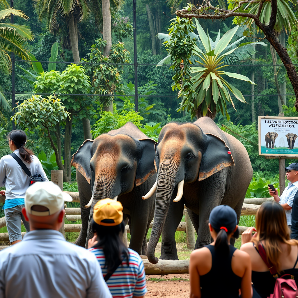 Wildlife conservation sanctuary in Southeast Asia showing rescued elephants in their natural habitat, tourists observing from a safe distance, dense jungle surroundings, educational signage about elephant protection