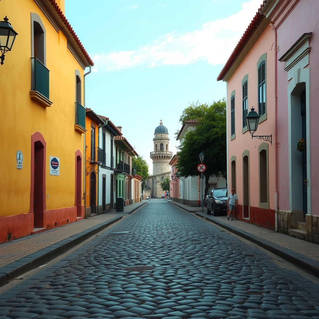 Cobblestone street in Colonia del Sacramento, Uruguay lined with colonial Portuguese architecture, pastel-colored houses, and historic lighthouse visible in the distance