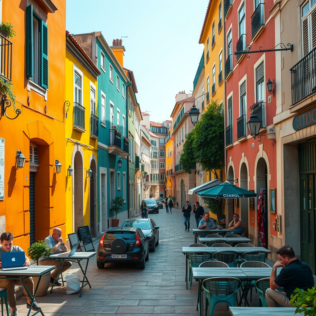 Vibrant streets of Lisbon, Portugal with colorful traditional buildings, outdoor cafes filled with remote workers on laptops, sunny Mediterranean atmosphere