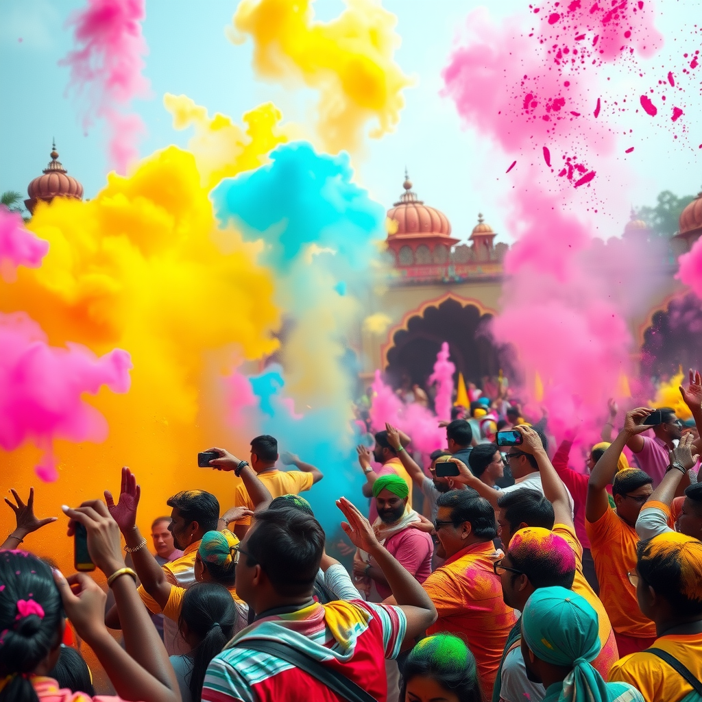 Joyful Holi festival celebration with crowds of people throwing vibrant colored powder in the air, creating rainbow clouds, people dancing and celebrating covered in bright pink, yellow, blue, and green colors, traditional Indian architecture in background