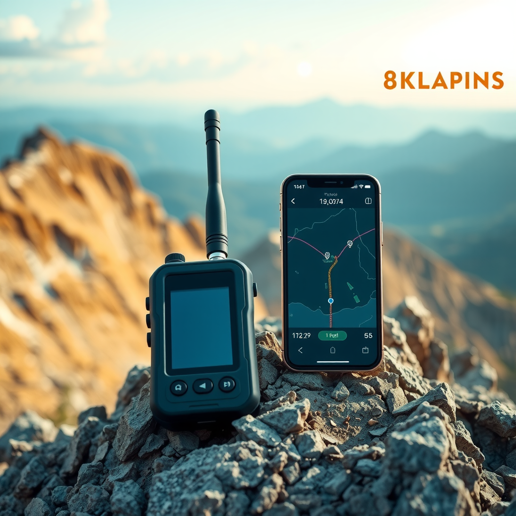 Satellite communication device and smartphone with GPS app displayed on rocky mountain summit with panoramic wilderness view