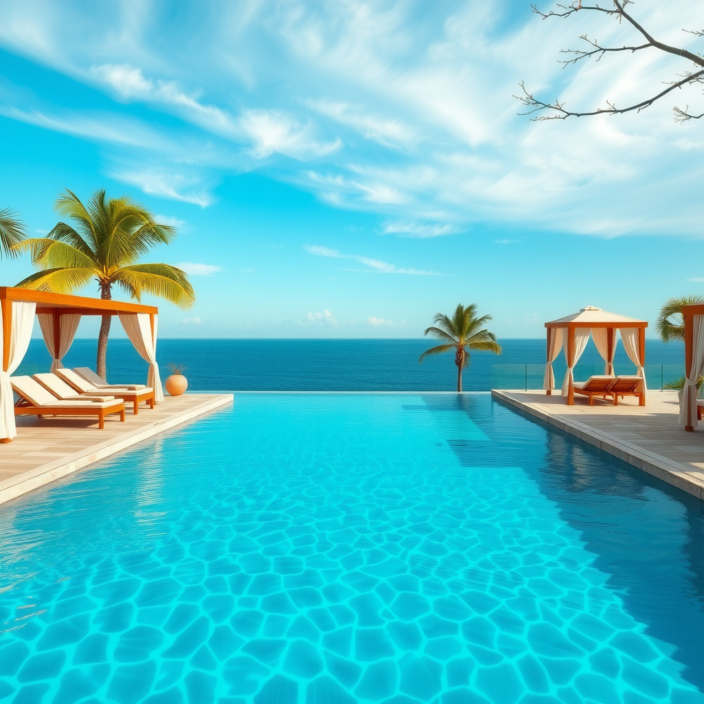 Stunning infinity pool at five-star resort with crystal clear water, elegant lounge chairs, private cabanas, and panoramic ocean view with palm trees