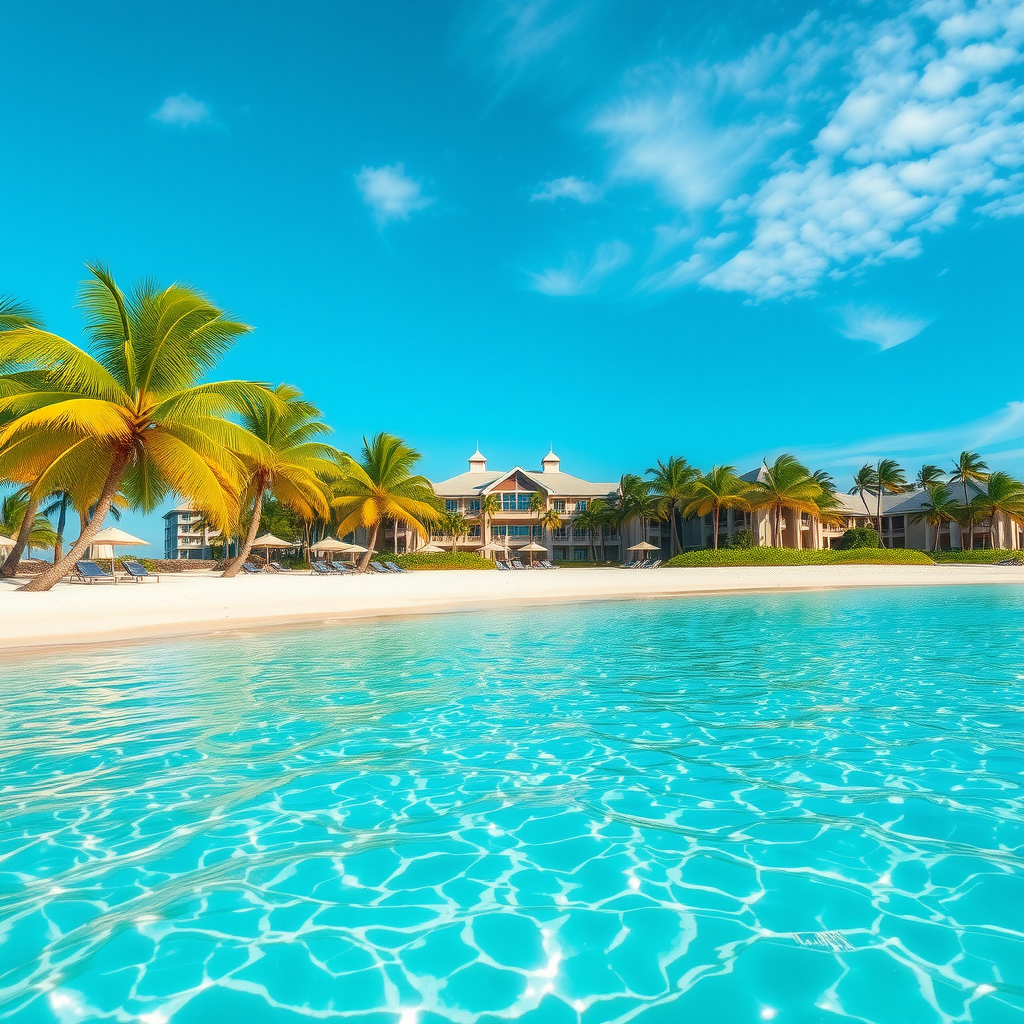 Stunning tropical beach with crystal clear turquoise water, white sand, palm trees, and a luxury resort in the background under blue sky