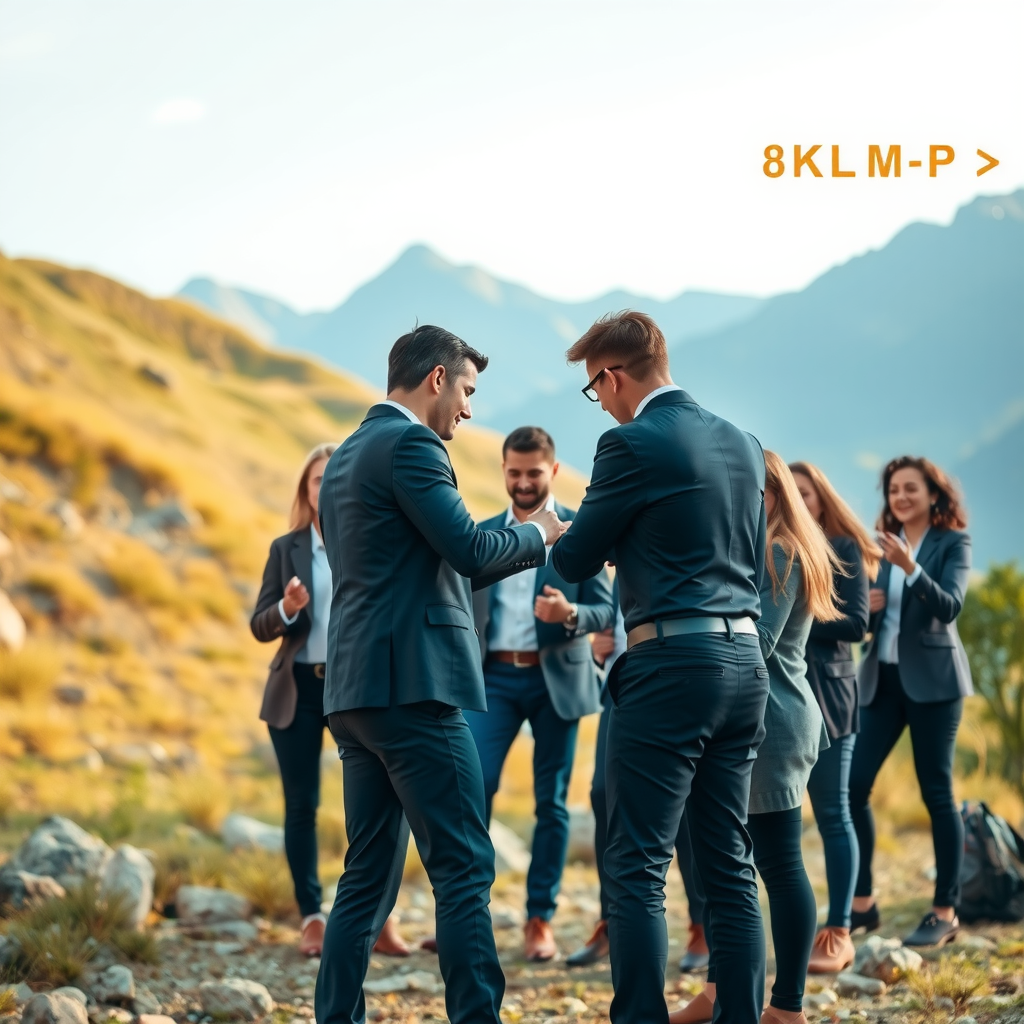 Corporate team participating in outdoor team building activity, professional attire, collaborative exercise, mountain backdrop, engaged and enthusiastic participants