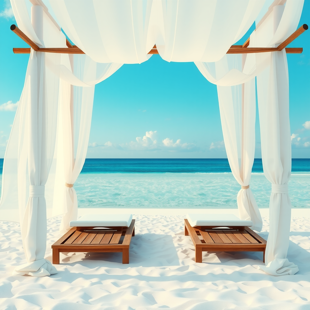 Private beach cabana with white curtains, comfortable loungers, and pristine white sand beach with crystal clear water