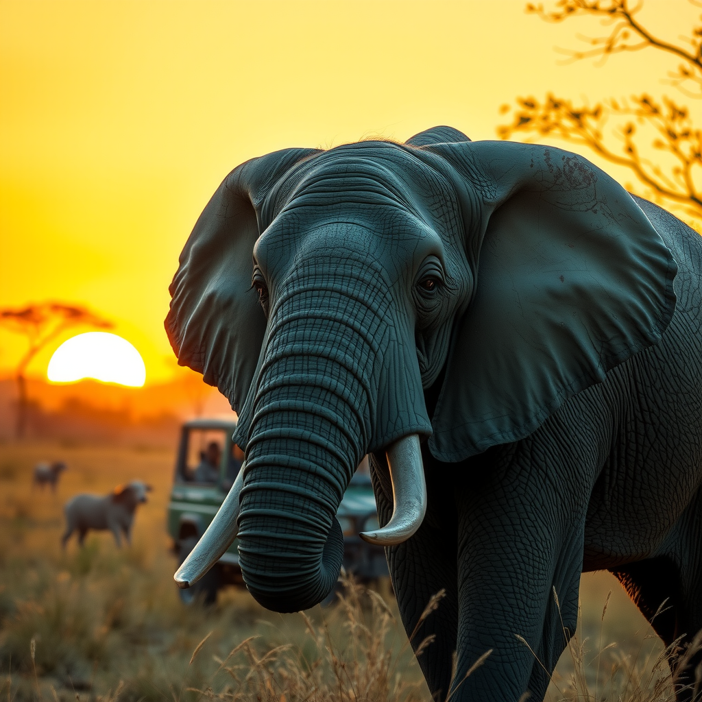 Close-up wildlife encounter showing majestic elephant in natural savanna habitat, golden sunset lighting, professional safari vehicle in background, authentic African wilderness setting