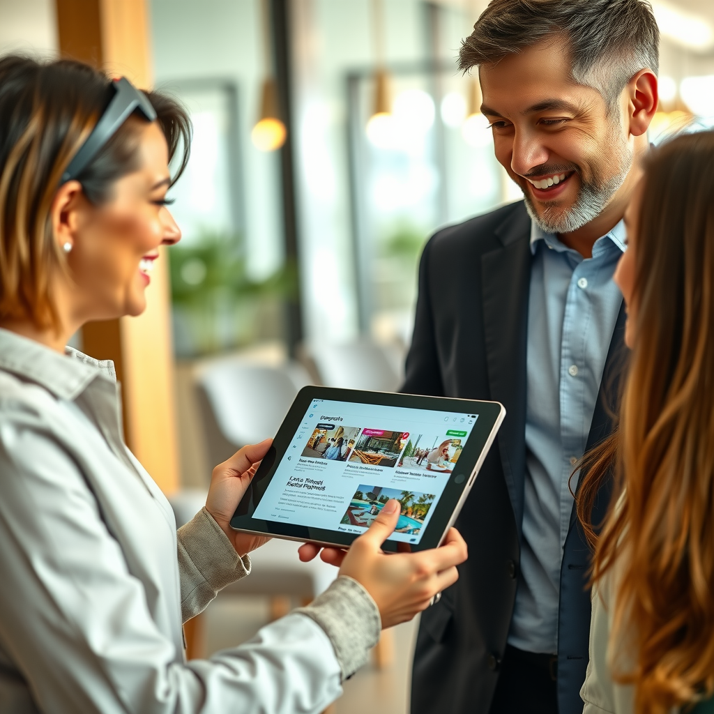Concierge team member showing local restaurant and attraction recommendations on tablet to happy travelers, bright and welcoming environment