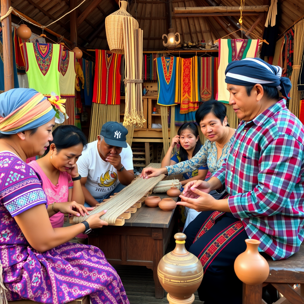 Traditional craft workshop in Southeast Asia showing local artisans teaching tourists ancient weaving and pottery techniques, colorful traditional textiles displayed, authentic village setting with cultural artifacts
