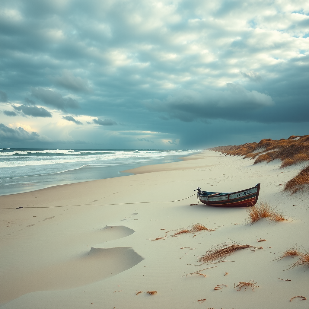Empty pristine beach in Punta del Diablo, Uruguay with dramatic Atlantic waves, rustic fishing boats on shore, and coastal dunes under moody winter sky