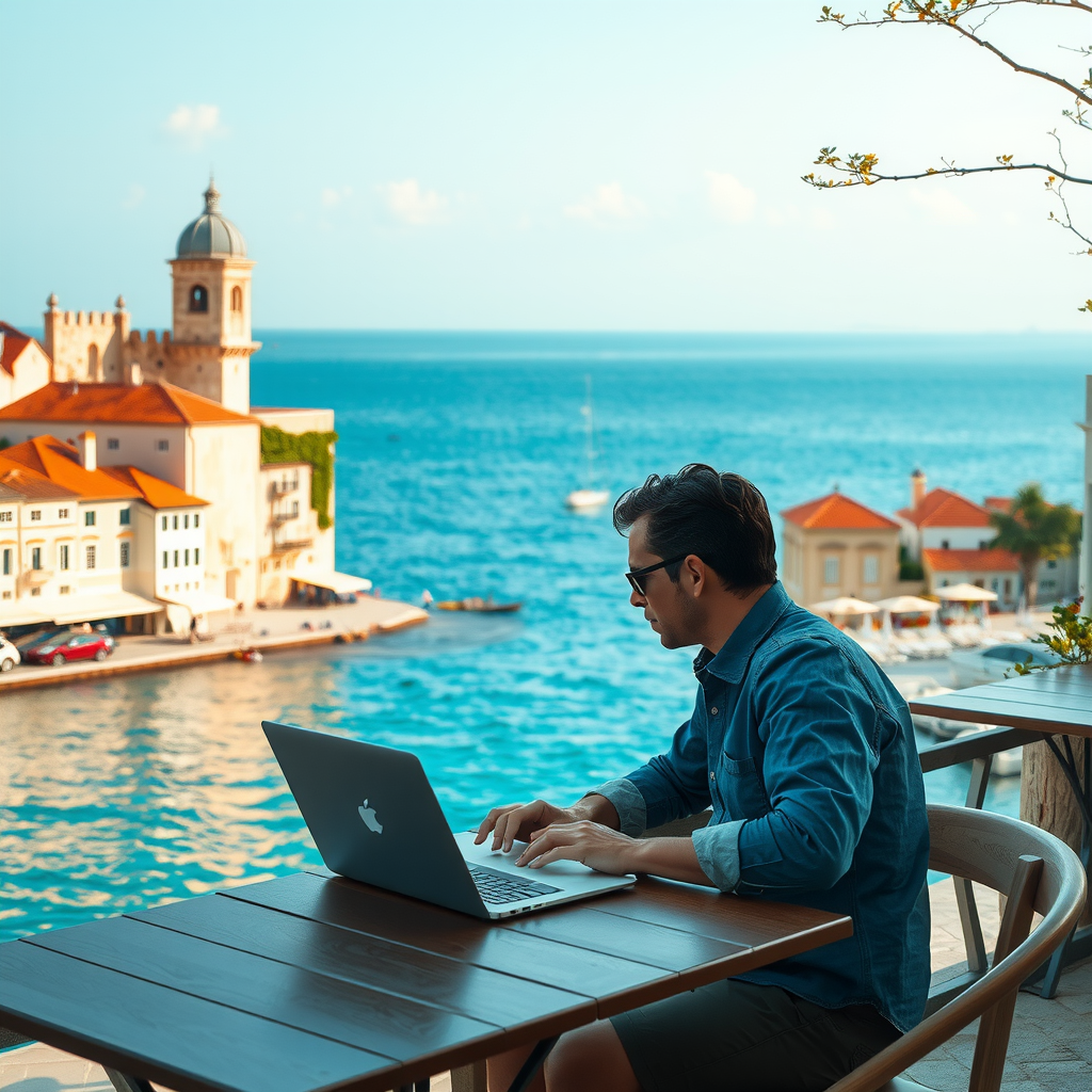 Stunning Croatian coastline in Split with crystal clear Adriatic waters, remote worker with laptop at seaside cafe, ancient architecture and modern amenities blend