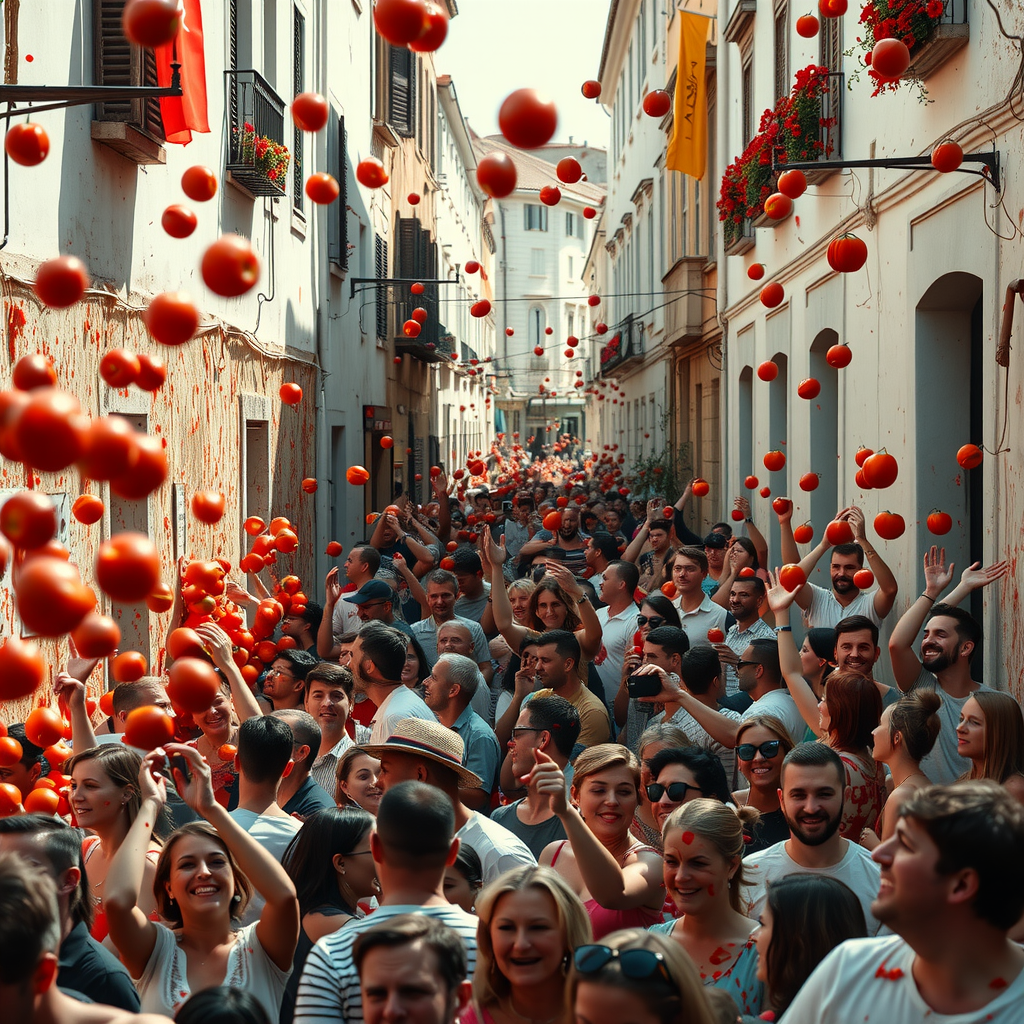 Massive crowd participating in La Tomatina festival in narrow Spanish streets, people throwing ripe red tomatoes, streets covered in tomato pulp, white buildings splattered with red, participants laughing and covered in tomato juice, festive atmosphere