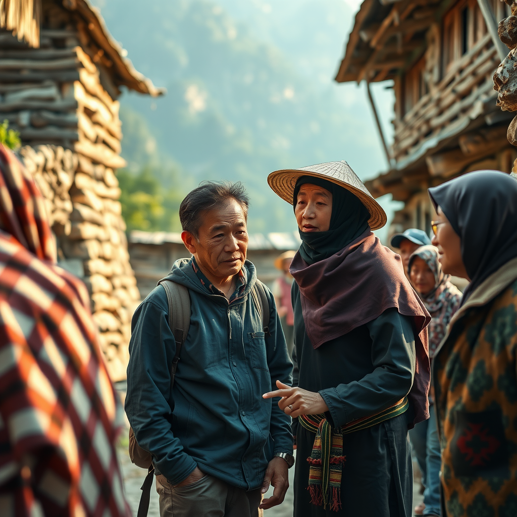 Solo traveler respectfully interacting with local community members in traditional mountain village, showing cultural exchange and mutual respect