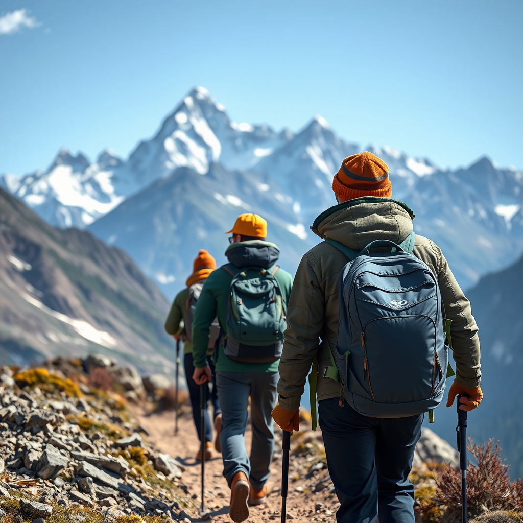 Adventure travelers hiking up mountain trail with professional gear, dramatic mountain peaks in background, wearing outdoor clothing and carrying backpacks