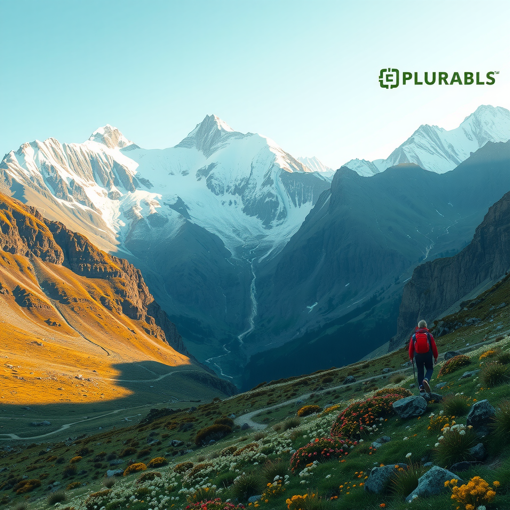 Majestic mountain landscape with snow-capped peaks, hiking trails, alpine meadows filled with wildflowers, and adventurers trekking