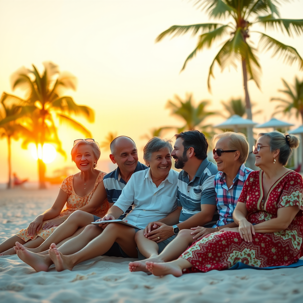 Happy family group of multiple generations sitting together at beach resort, sunset lighting, laughing and enjoying vacation, tropical setting with palm trees