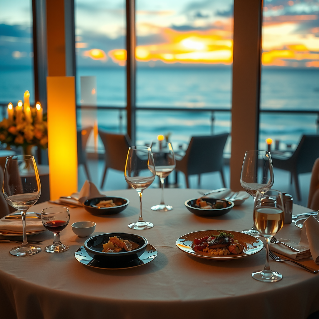 Elegant fine dining table setting with gourmet cuisine, wine glasses, candlelight, and ocean sunset view through large windows