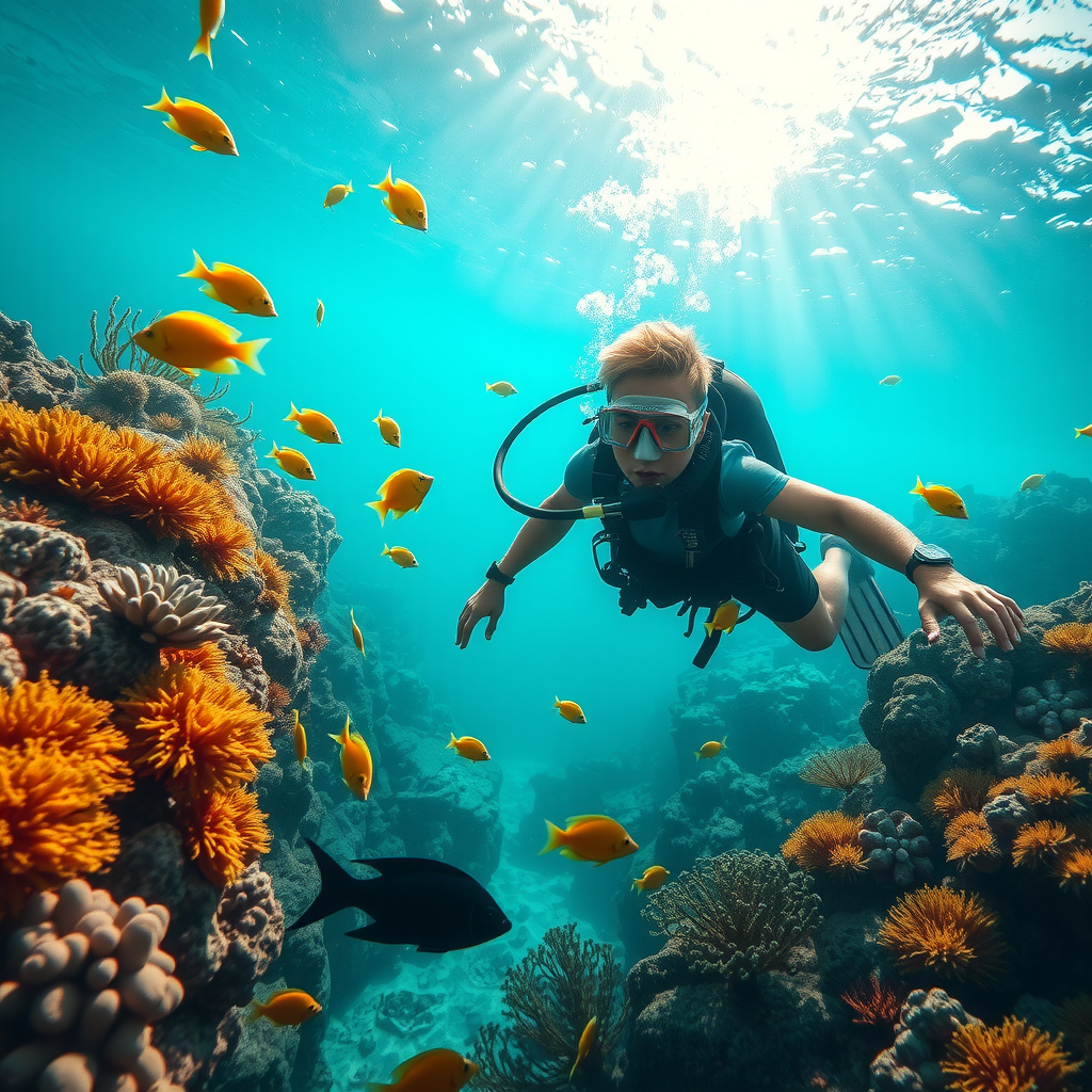 Scuba diver exploring vibrant coral reef underwater, colorful tropical fish swimming around, crystal clear turquoise water, sunlight filtering through surface creating dramatic rays