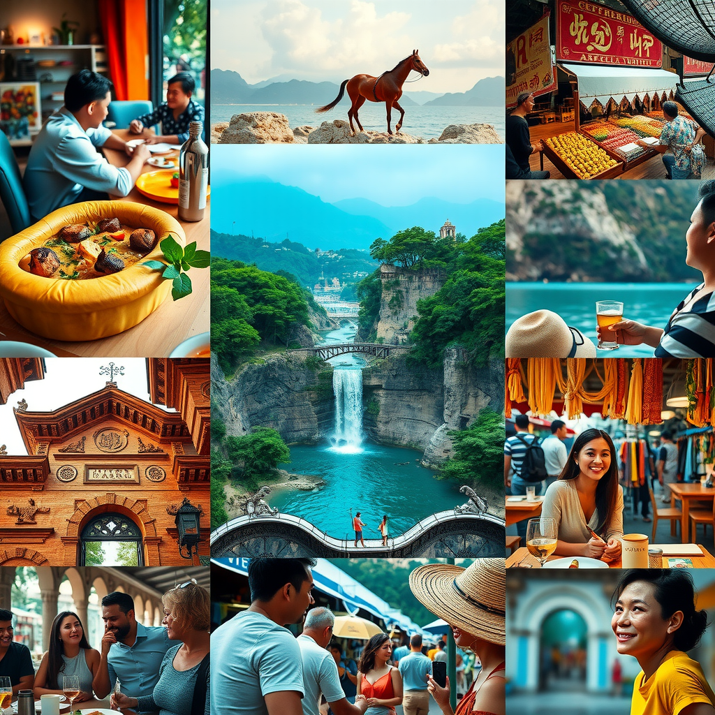 Collage showing various travel experiences: local restaurant dining, cultural tour guide, hidden gem attractions, authentic local markets, diverse travelers enjoying unique experiences