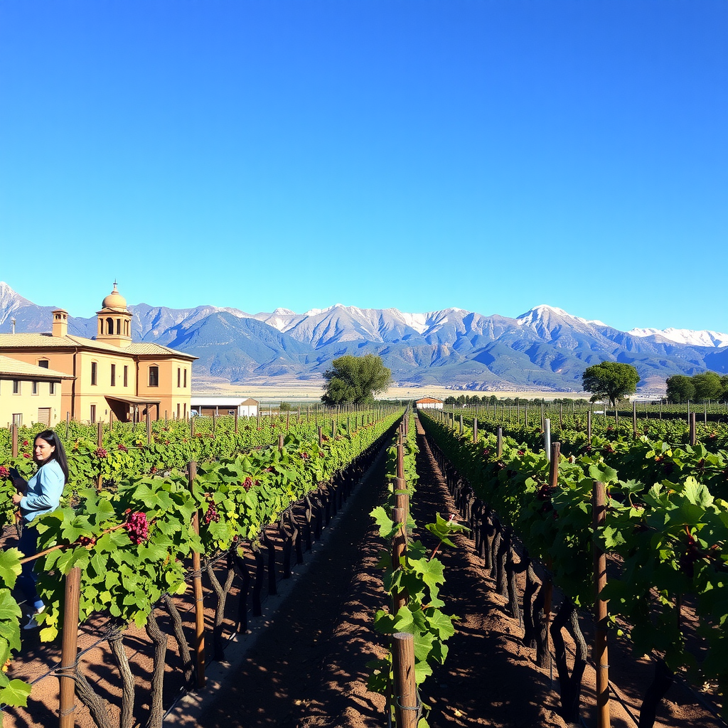 Vineyard rows in Cafayate, Argentina with dramatic Andes mountains backdrop, traditional bodega building, and clear blue winter sky perfect for wine tasting