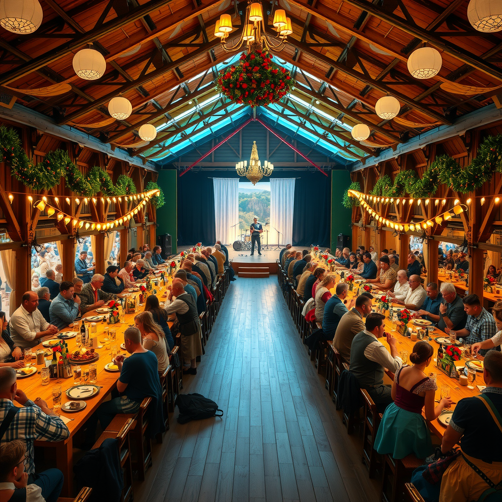 Large traditional Bavarian beer tent at Oktoberfest with long wooden tables filled with people in traditional lederhosen and dirndls, massive beer steins, festive decorations, live oompah band on stage, warm lighting, joyful atmosphere