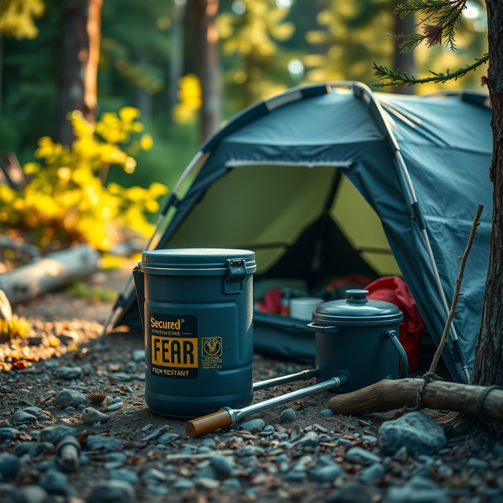 Properly secured campsite with bear-resistant food canister, organized gear, and safe distance from cooking area in wilderness setting