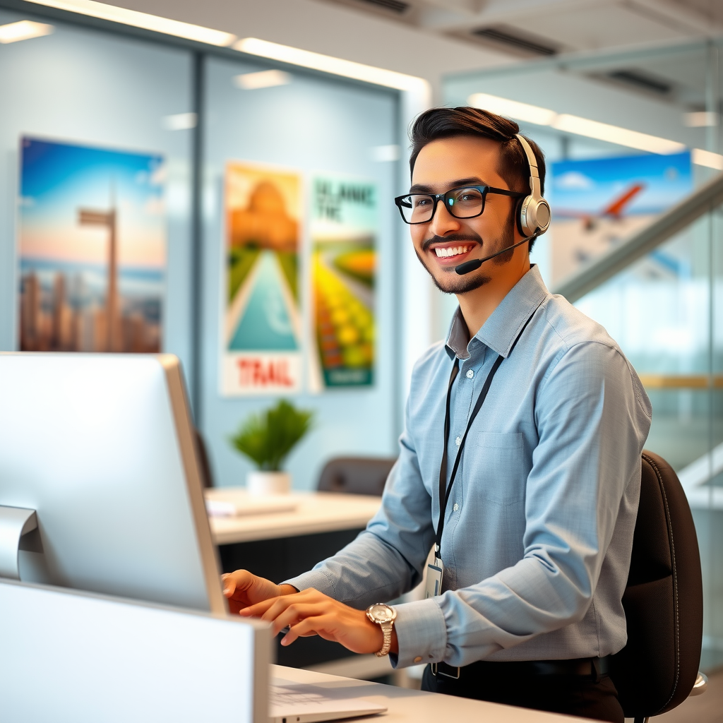 Friendly travel concierge representative wearing headset, smiling while helping customer on computer in bright modern customer service office with travel posters