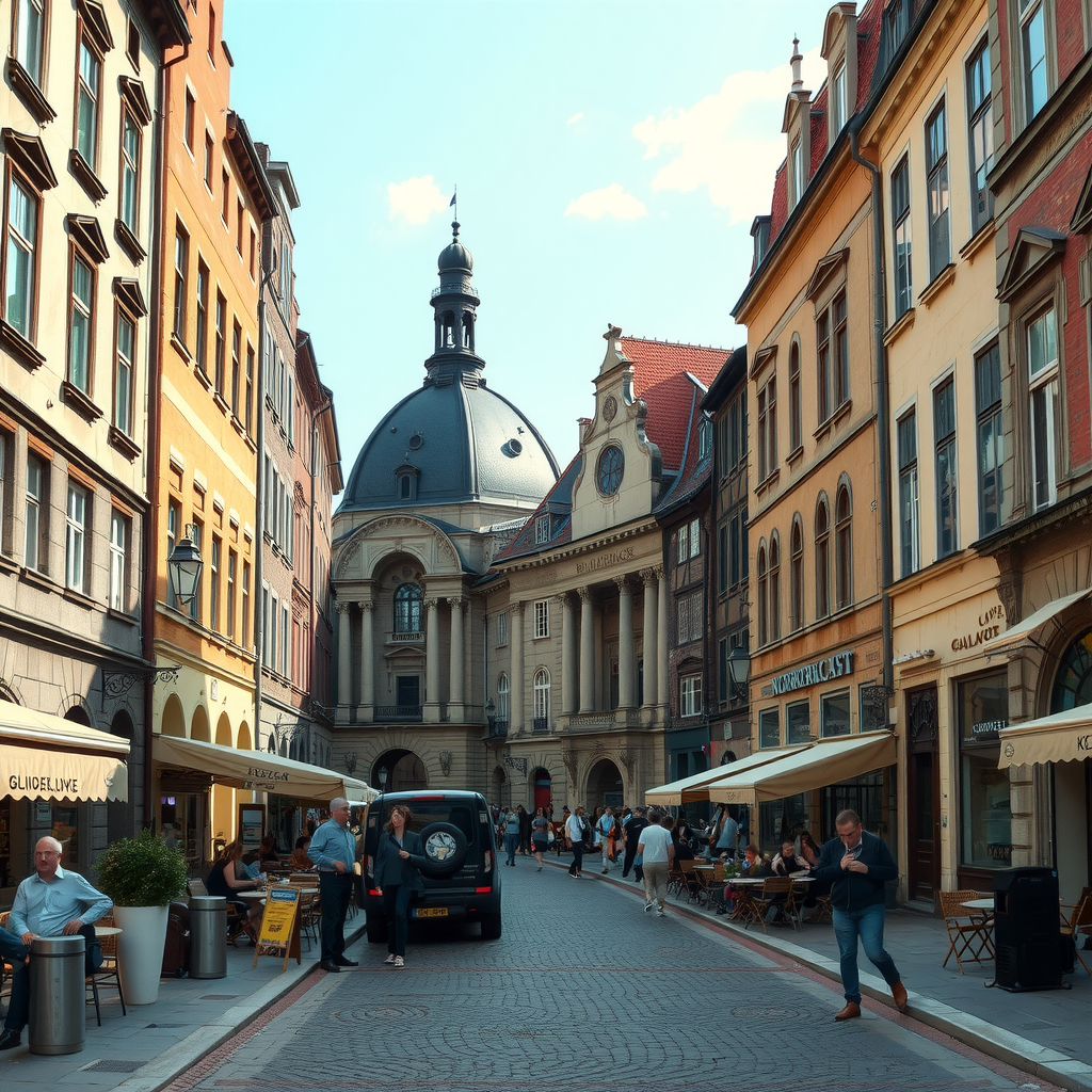 Historic European city square with beautiful architecture, cobblestone streets, outdoor cafes, tourists exploring, and cultural landmarks
