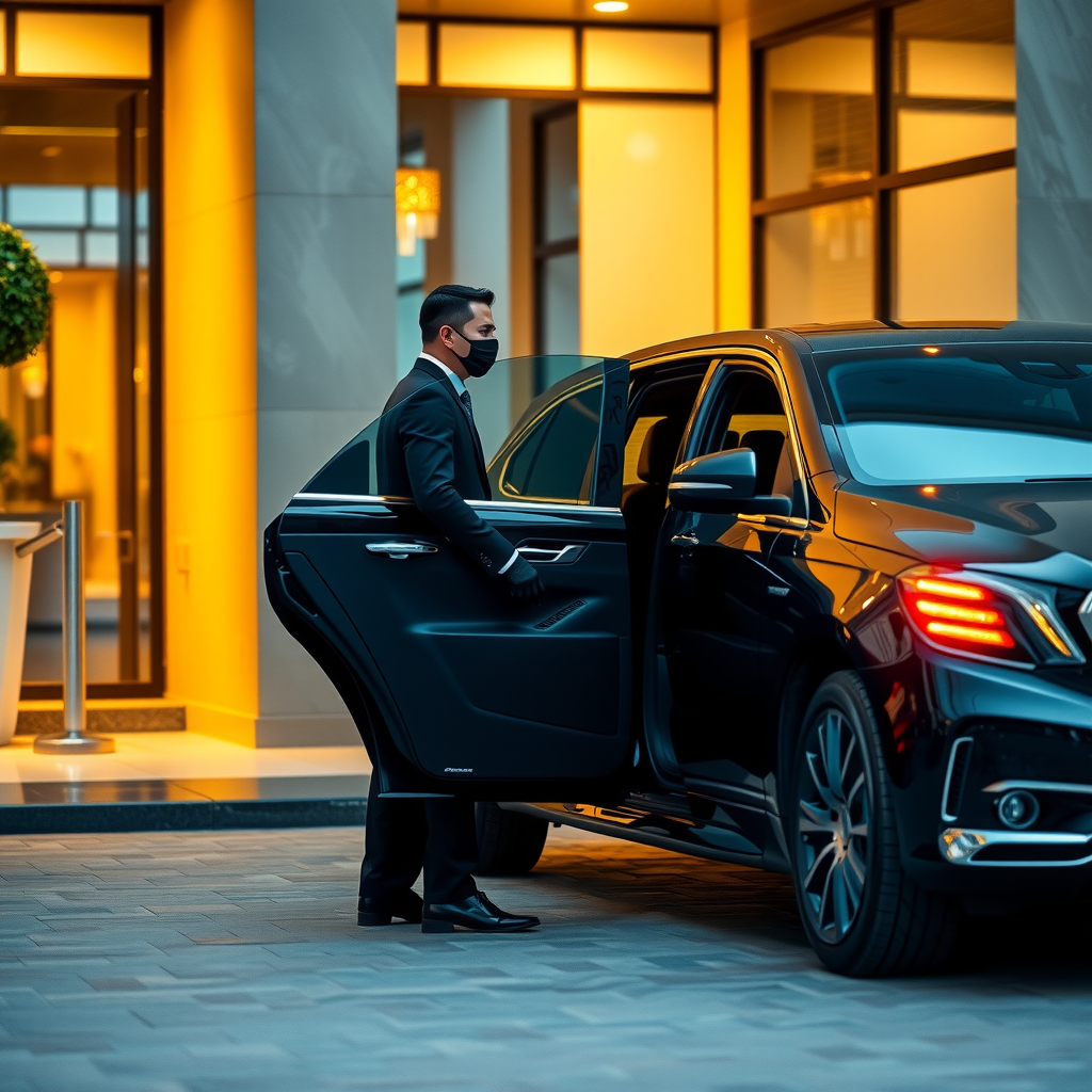 Black luxury sedan with professional chauffeur opening door at upscale hotel entrance