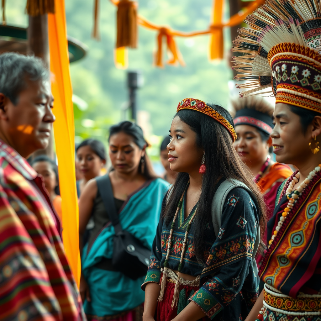 Travelers participating in authentic cultural ceremony with local indigenous community, traditional clothing and decorations, warm welcoming atmosphere, genuine cultural exchange moment