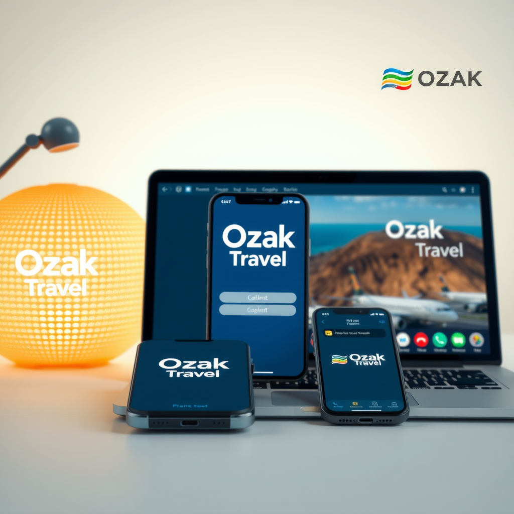 Multiple communication channels for travel concierge: smartphone showing mobile app interface, laptop with email, phone for calls, messaging apps, all displaying Ozak Travel branding
