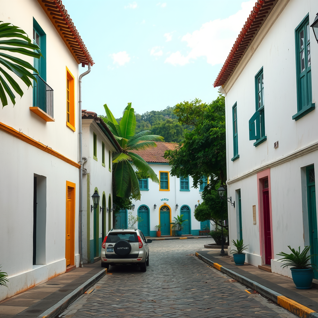Colonial Portuguese architecture in Paraty, Brazil with white-washed buildings, colorful doors and windows, cobblestone streets, and lush tropical vegetation