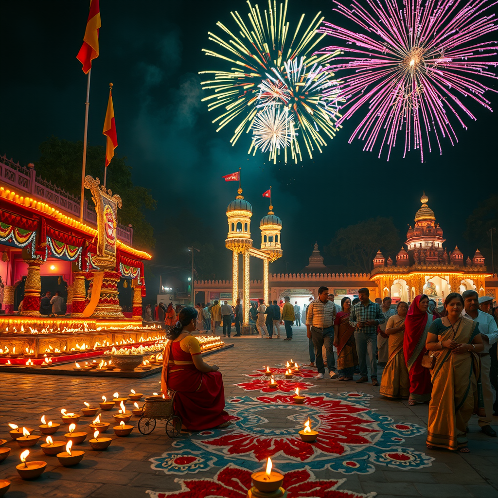 Beautiful Diwali celebration at night with thousands of traditional oil lamps (diyas) illuminating homes and streets, colorful rangoli patterns on the ground, spectacular fireworks lighting up the sky, families in traditional Indian attire, temples decorated with lights